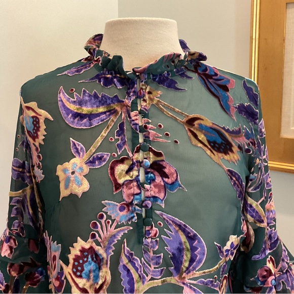 PATBO Colorful Floral Burnout Velvet Sheer Long Sleeve Ruffle Blouse Size Small - Picture 3 of 12